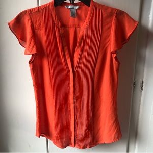 H&M pumpkin-orange cap-sleeve sheer v-neck button-up blouse with pleated front